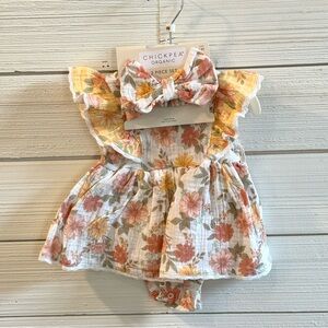 CHICKPEA Organic 2-Piece Set Floral Sunsuit Matching Headband SIZE 3-6 Month NEW